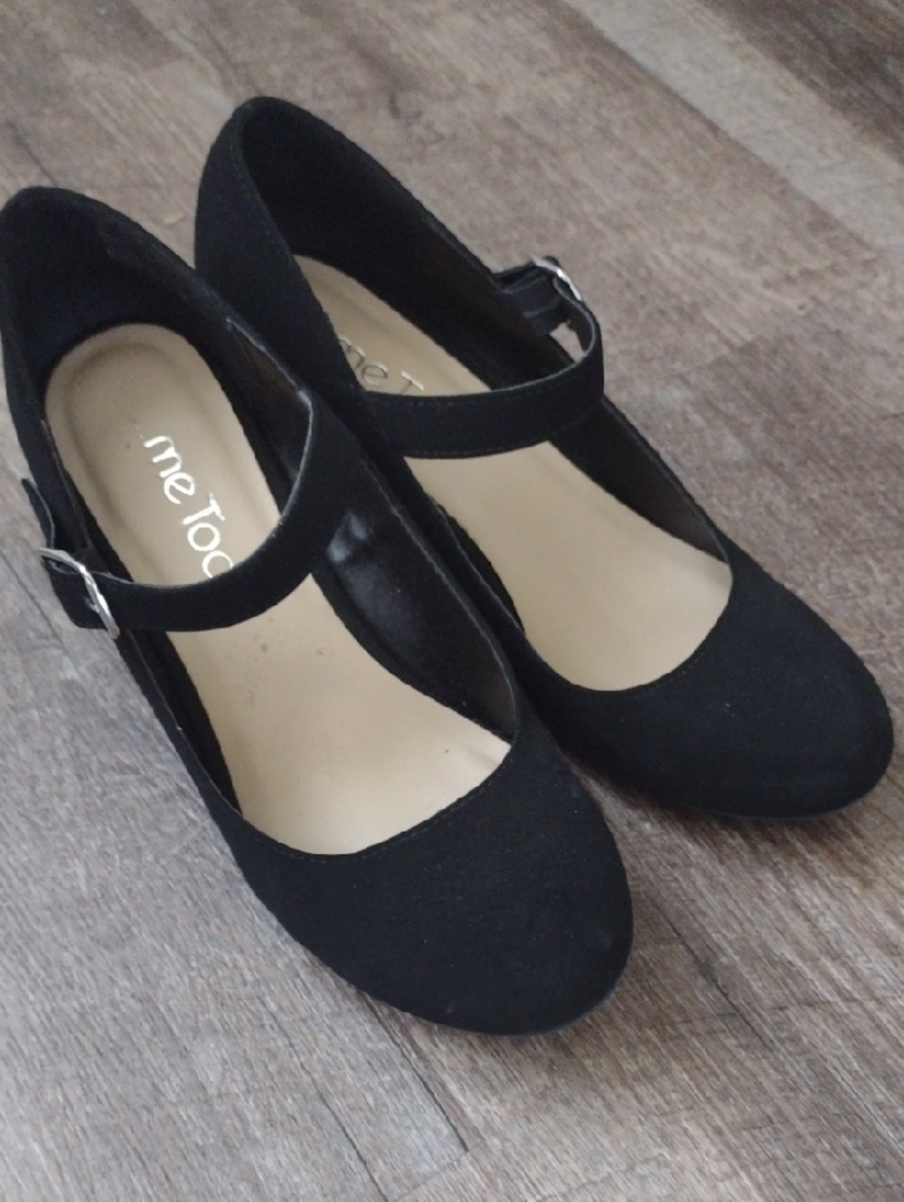 me too Black Suede Mary Jane Heels with Strap And Sparkles on the Platform